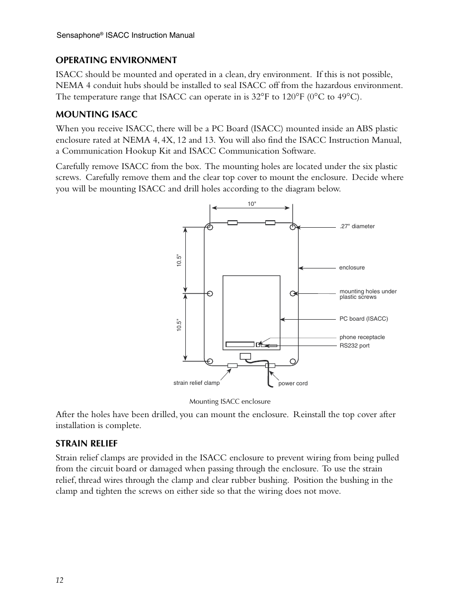 Operating environment, Mounting isacc, Strain relief | Operating environment mounting isacc strain relief | Phonetics Sensaphone ISACC 5000 User Manual | Page 12 / 143