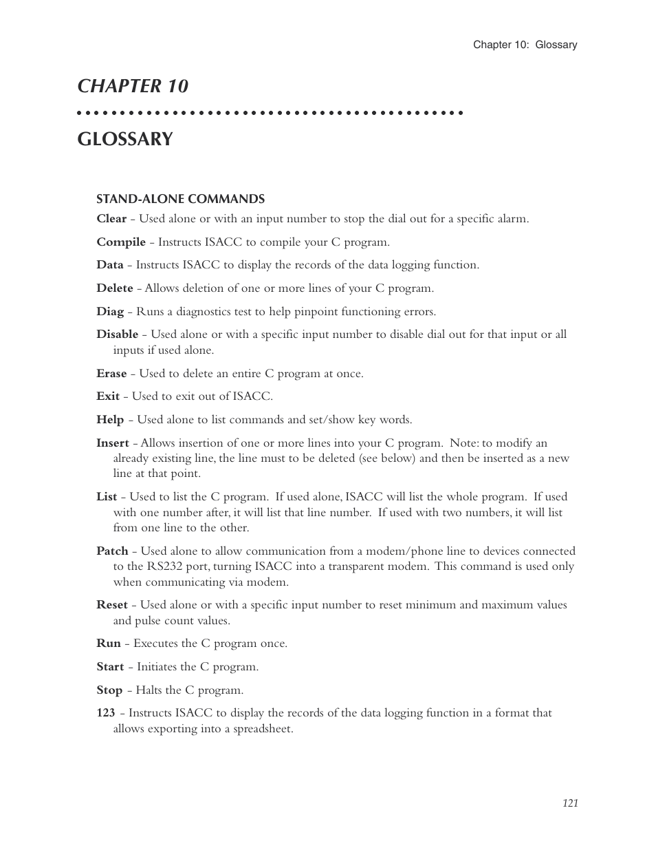 Chapter 10: glossary, Chapter 10 glossary | Phonetics Sensaphone ISACC 5000 User Manual | Page 121 / 143