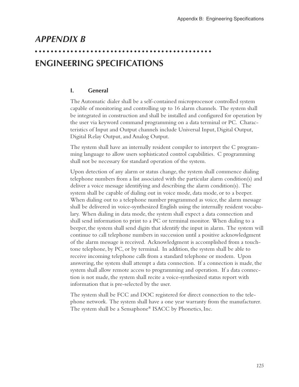 Appendix b: engineering specifications, Appendix b engineering specifications | Phonetics Sensaphone ISACC 5000 User Manual | Page 125 / 143