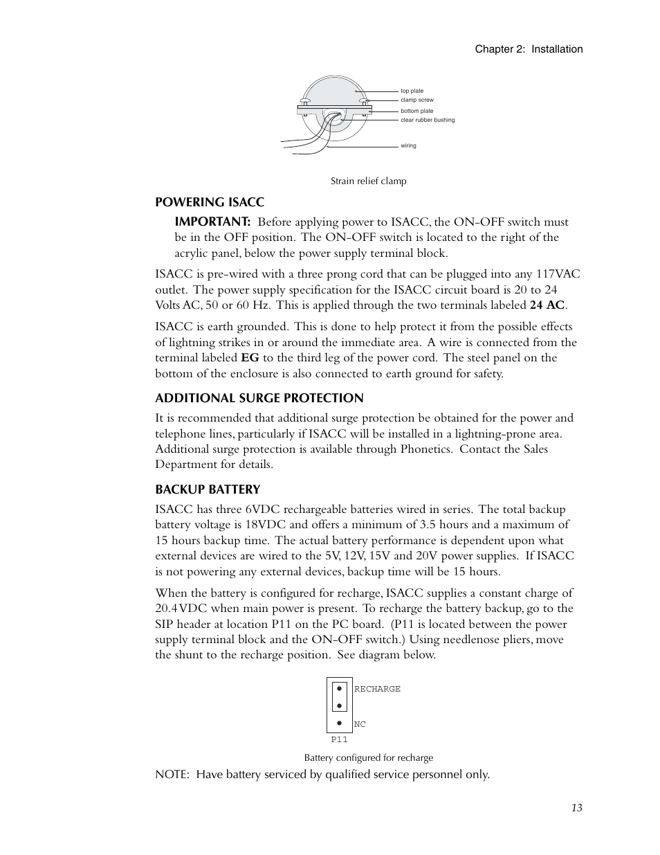 Powering isacc, Additional surge protection, Backup battery | Phonetics Sensaphone ISACC 5000 User Manual | Page 13 / 143