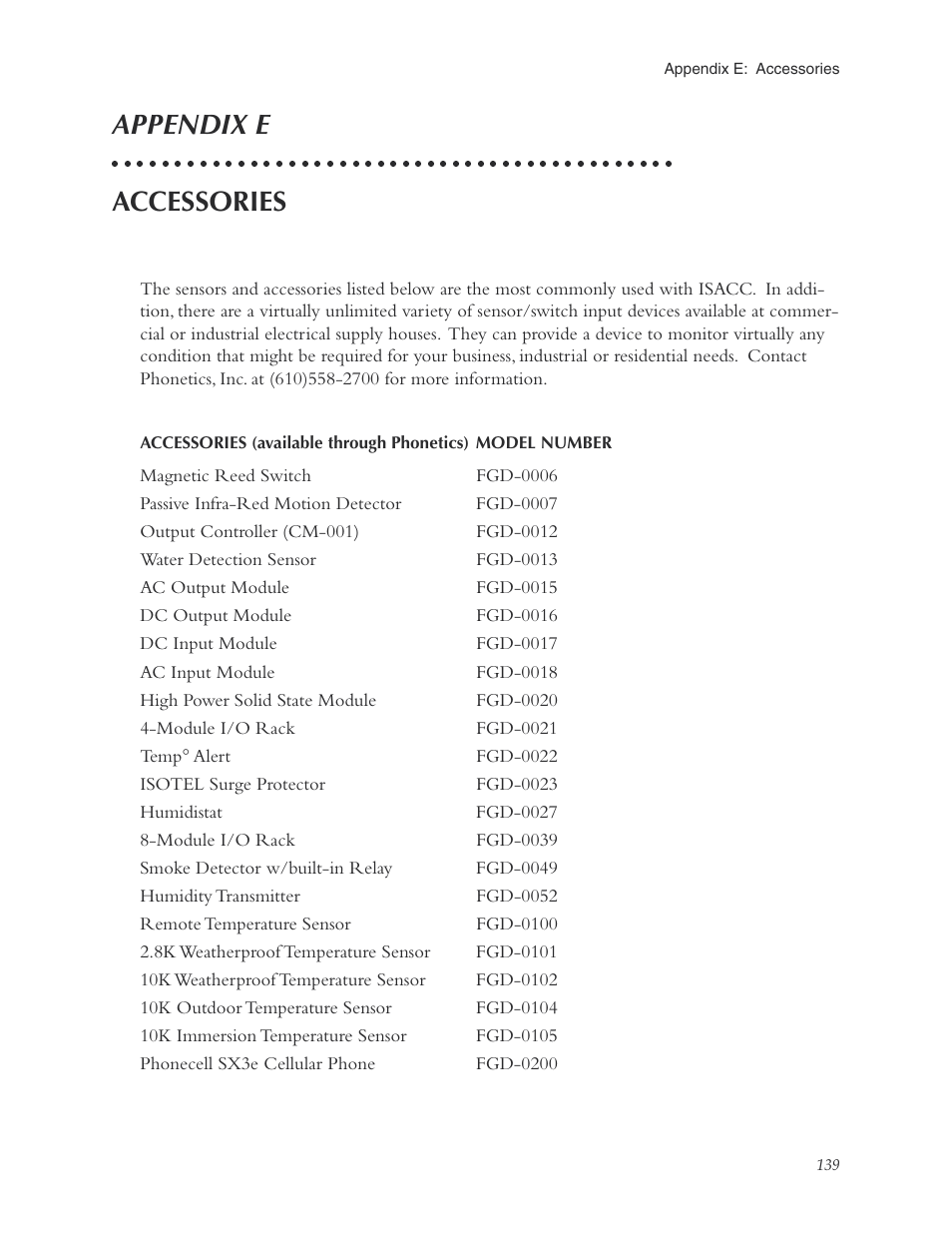 Appendix e: accessories, Appendix e accessories | Phonetics Sensaphone ISACC 5000 User Manual | Page 139 / 143