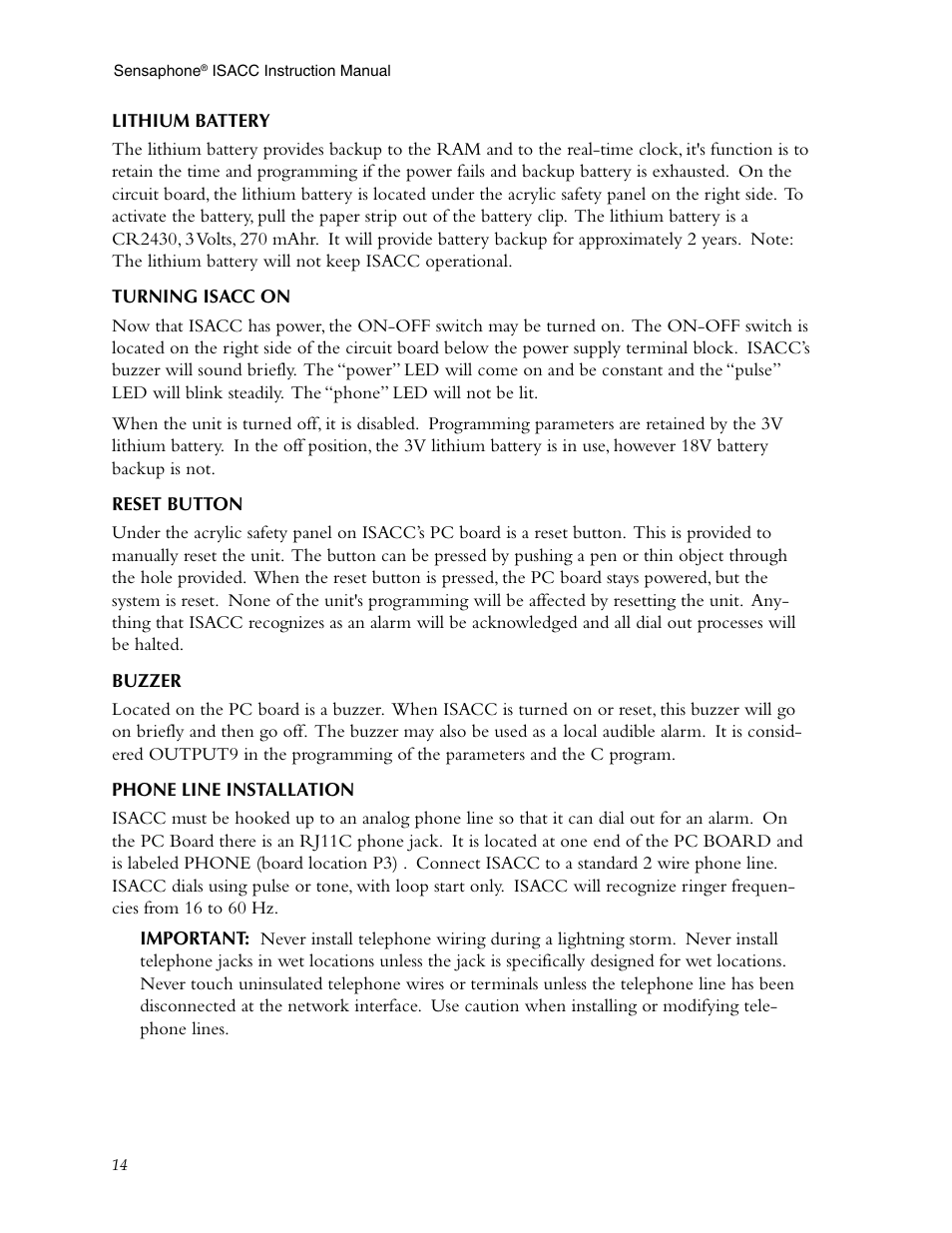 Lithium battery, Turning isacc on, Reset button | Buzzer, Phone line installation | Phonetics Sensaphone ISACC 5000 User Manual | Page 14 / 143