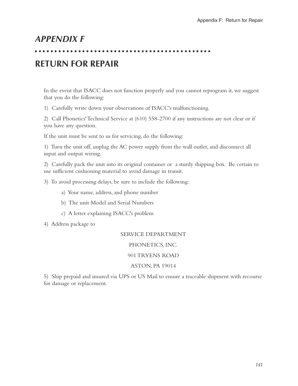 Appendix f: return for repair, Appendix f return for repair | Phonetics Sensaphone ISACC 5000 User Manual | Page 141 / 143
