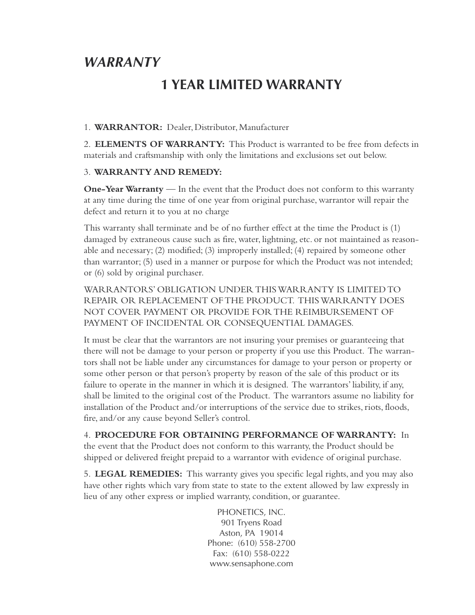 Warranty, Warranty 1 year limited warranty | Phonetics Sensaphone ISACC 5000 User Manual | Page 143 / 143