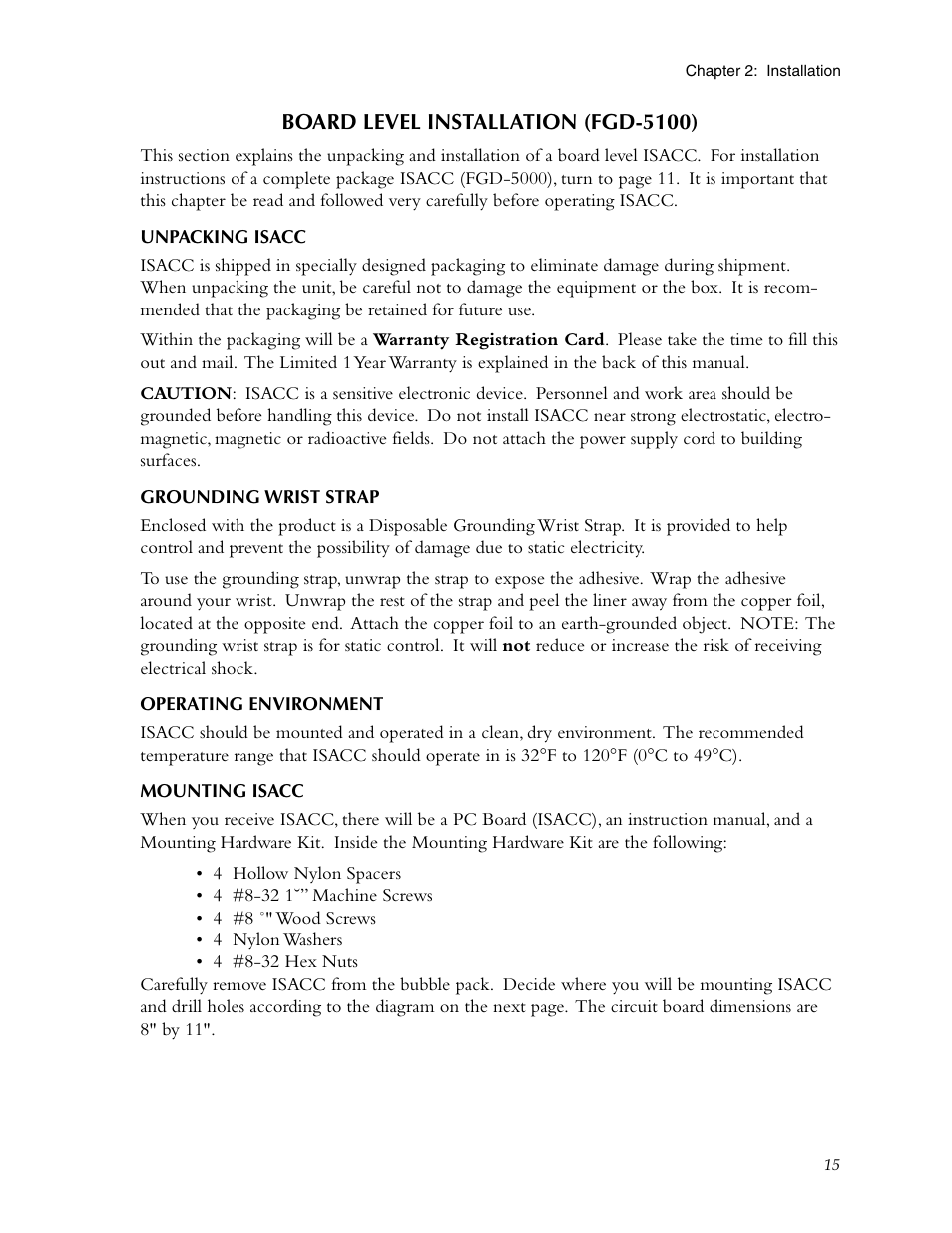 Board level installation (fgd-5100), Unpacking isacc, Grounding wrist strap | Operating environment, Mounting isacc | Phonetics Sensaphone ISACC 5000 User Manual | Page 15 / 143