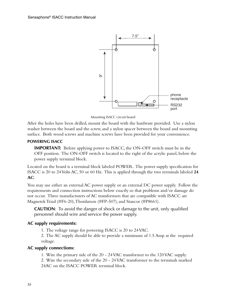 Powering isacc, Ac supply requirements, Ac supply connections | Phonetics Sensaphone ISACC 5000 User Manual | Page 16 / 143