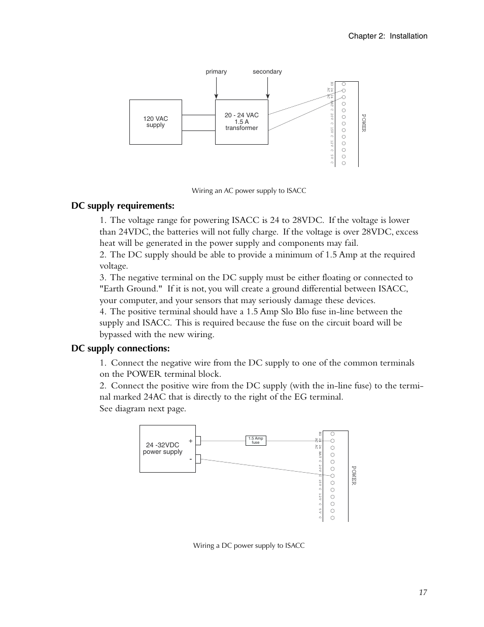 Dc supply requirements, Dc supply connections, Dc supply requirements: dc supply connections | 17 chapter 2: installation | Phonetics Sensaphone ISACC 5000 User Manual | Page 17 / 143