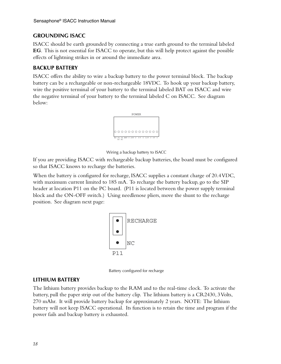 Grounding isacc, Backup battery, Lithium battery | Grounding isacc backup battery lithium battery, Recharge nc p11 | Phonetics Sensaphone ISACC 5000 User Manual | Page 18 / 143
