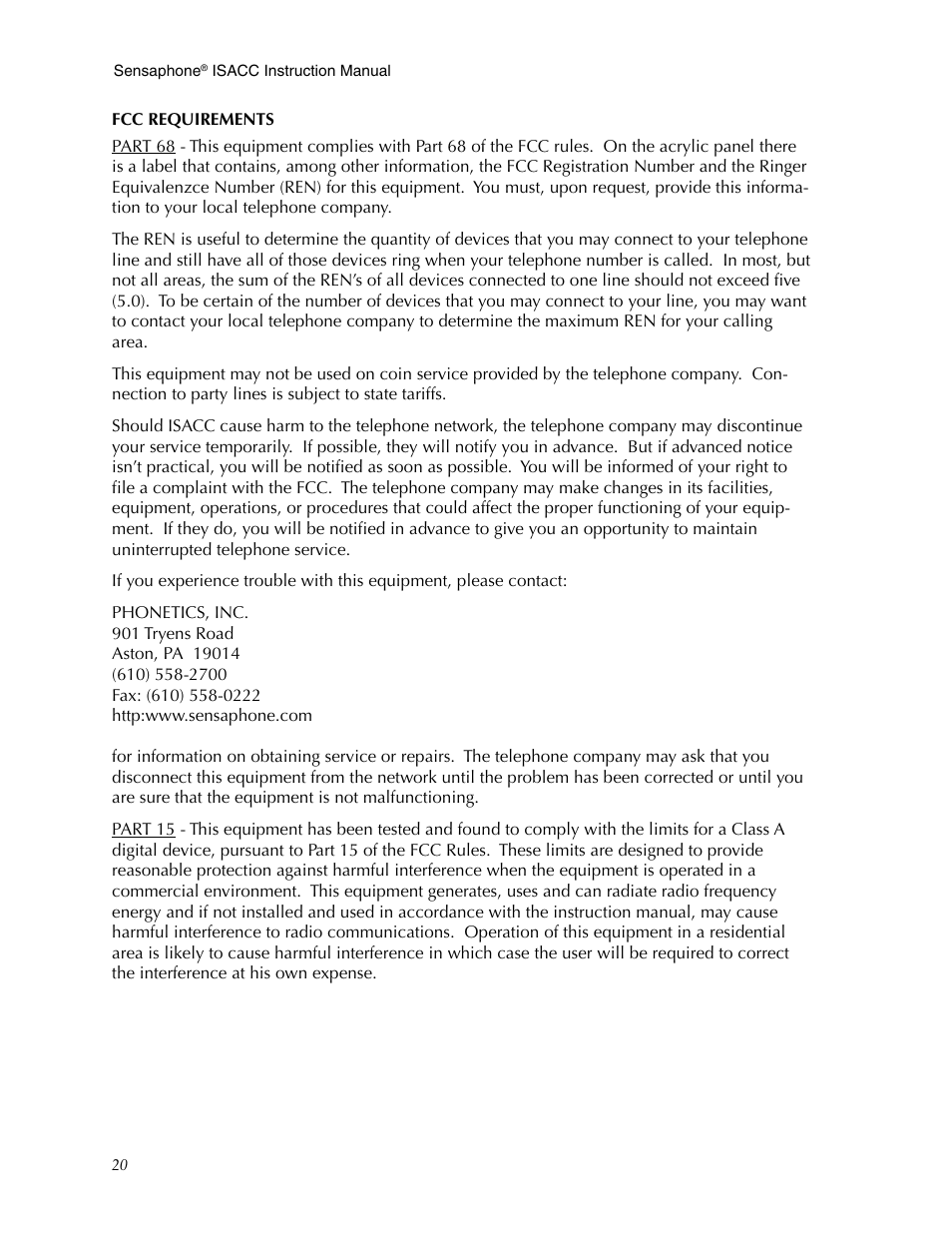 Fcc requirements | Phonetics Sensaphone ISACC 5000 User Manual | Page 20 / 143