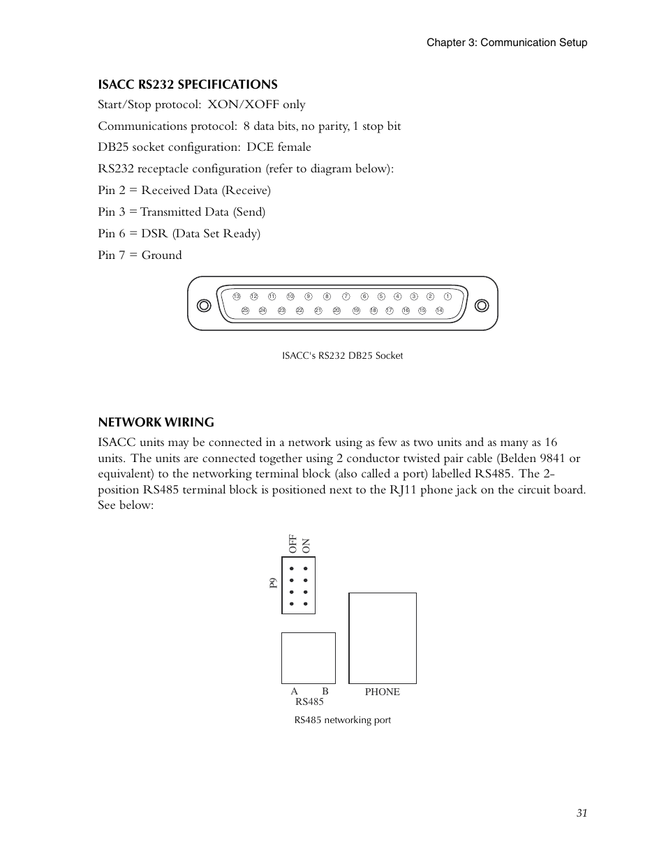 Isacc rs232 specifications, Network wiring, Isacc rs232 specifications network wiring | 31 chapter 3: communication setup | Phonetics Sensaphone ISACC 5000 User Manual | Page 31 / 143