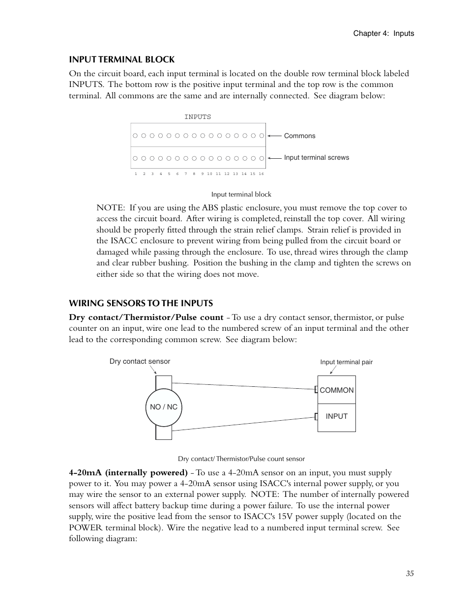 Input terminal block, Wiring sensors to the inputs, Input terminal block wiring sensors to the inputs | Phonetics Sensaphone ISACC 5000 User Manual | Page 35 / 143