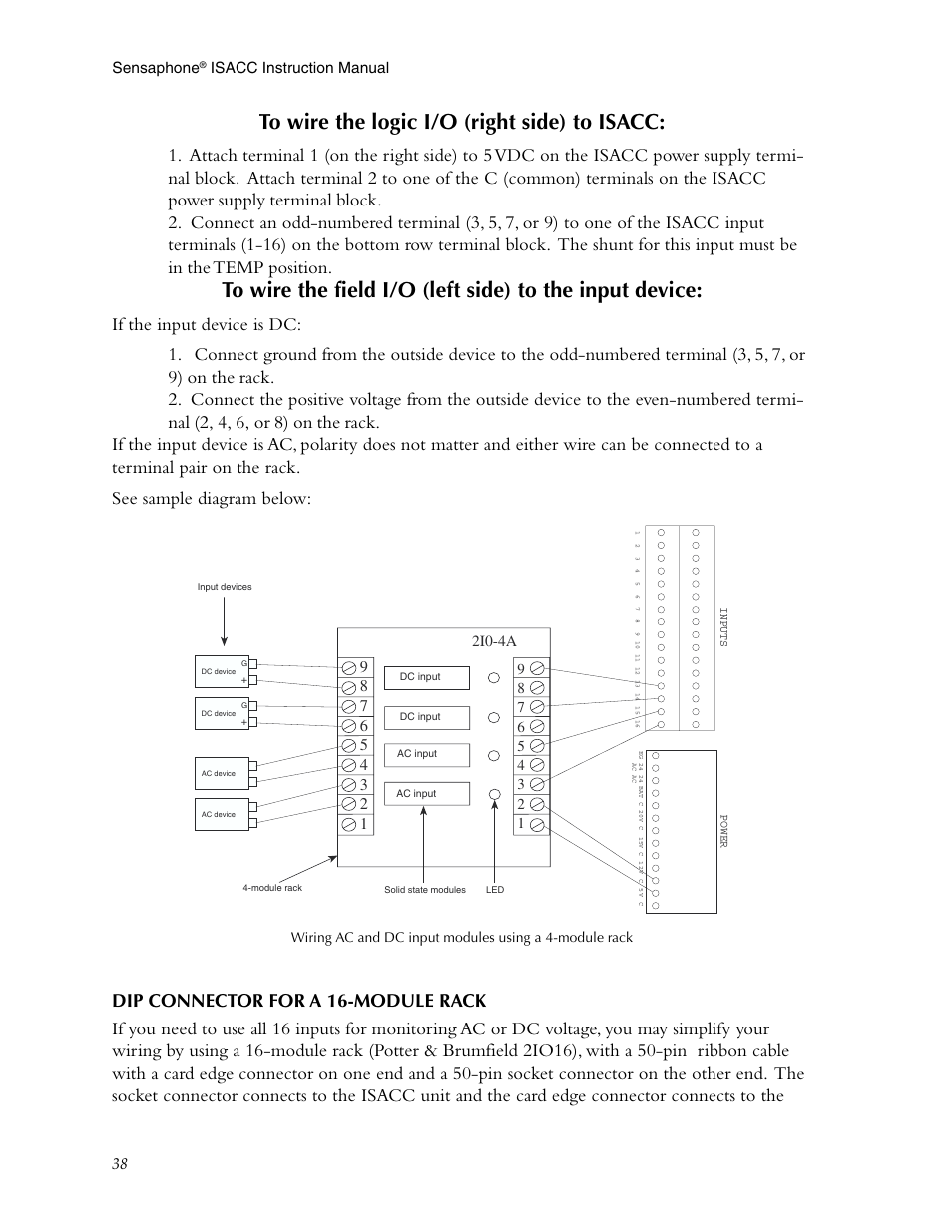 To wire the logic i/o (right side) to isacc, Dip connector for a 16-module rack, 38 sensaphone | Isacc instruction manual, 2i0-4a | Phonetics Sensaphone ISACC 5000 User Manual | Page 38 / 143