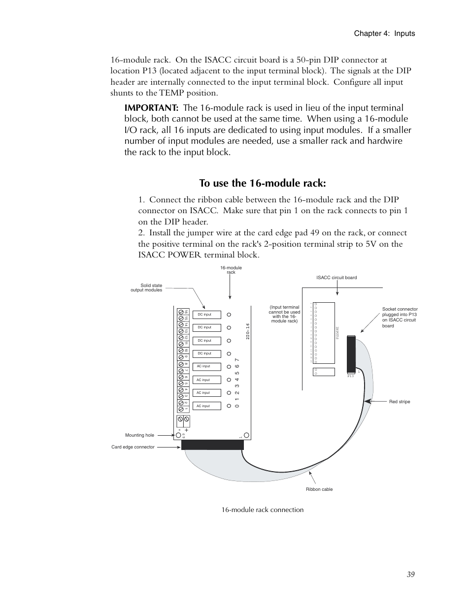 To use the 16-module rack, 39 chapter 4: inputs, Module rack connection | Phonetics Sensaphone ISACC 5000 User Manual | Page 39 / 143