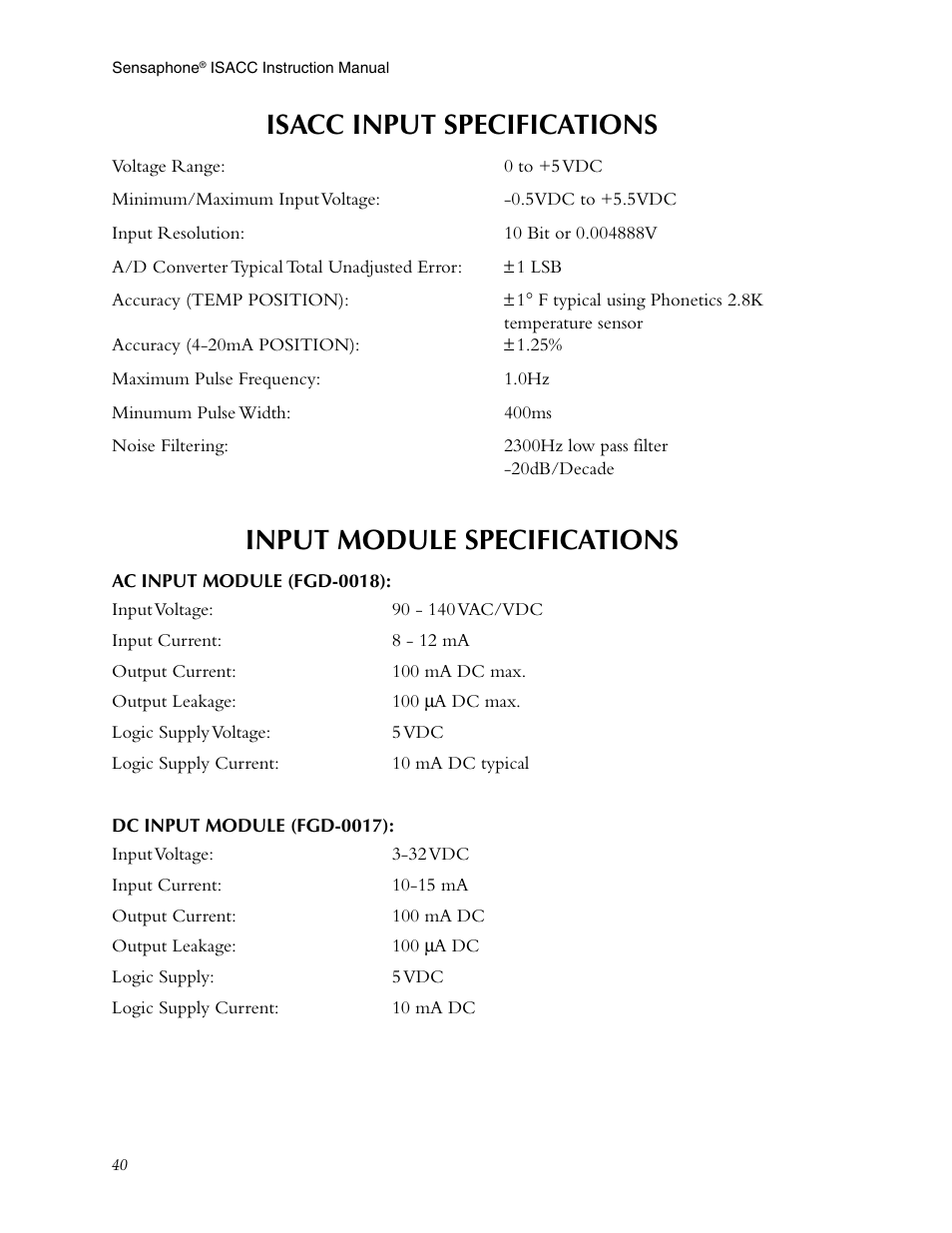 Isacc input specifications, Input module specifications, Ac input module (fgd-0018) | Dc input module (fgd-0017) | Phonetics Sensaphone ISACC 5000 User Manual | Page 40 / 143