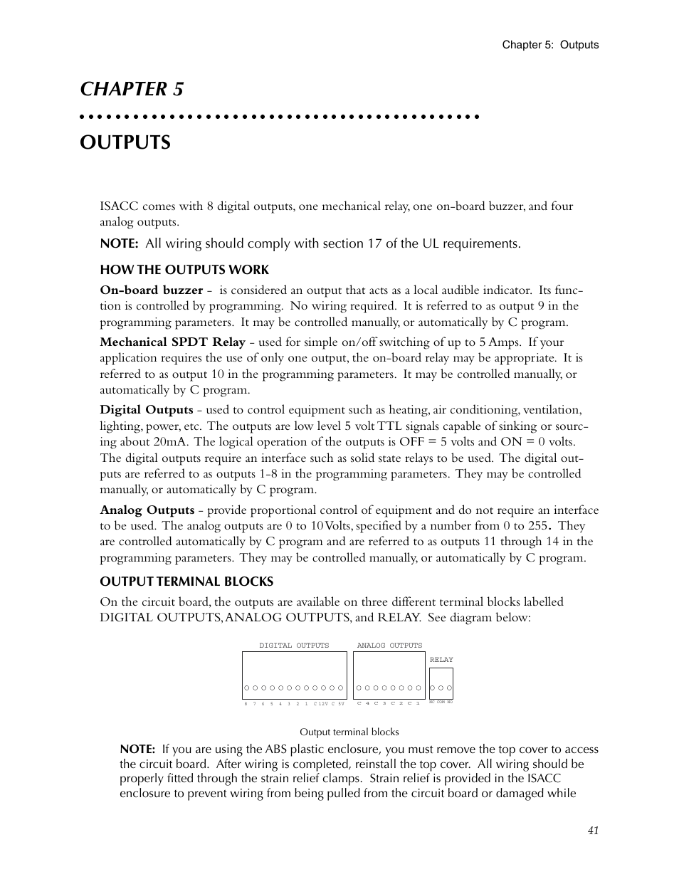 Chapter 5: outputs, How the outputs work, Output terminal blocks | How the outputs work output terminal blocks, Chapter 5 outputs | Phonetics Sensaphone ISACC 5000 User Manual | Page 41 / 143