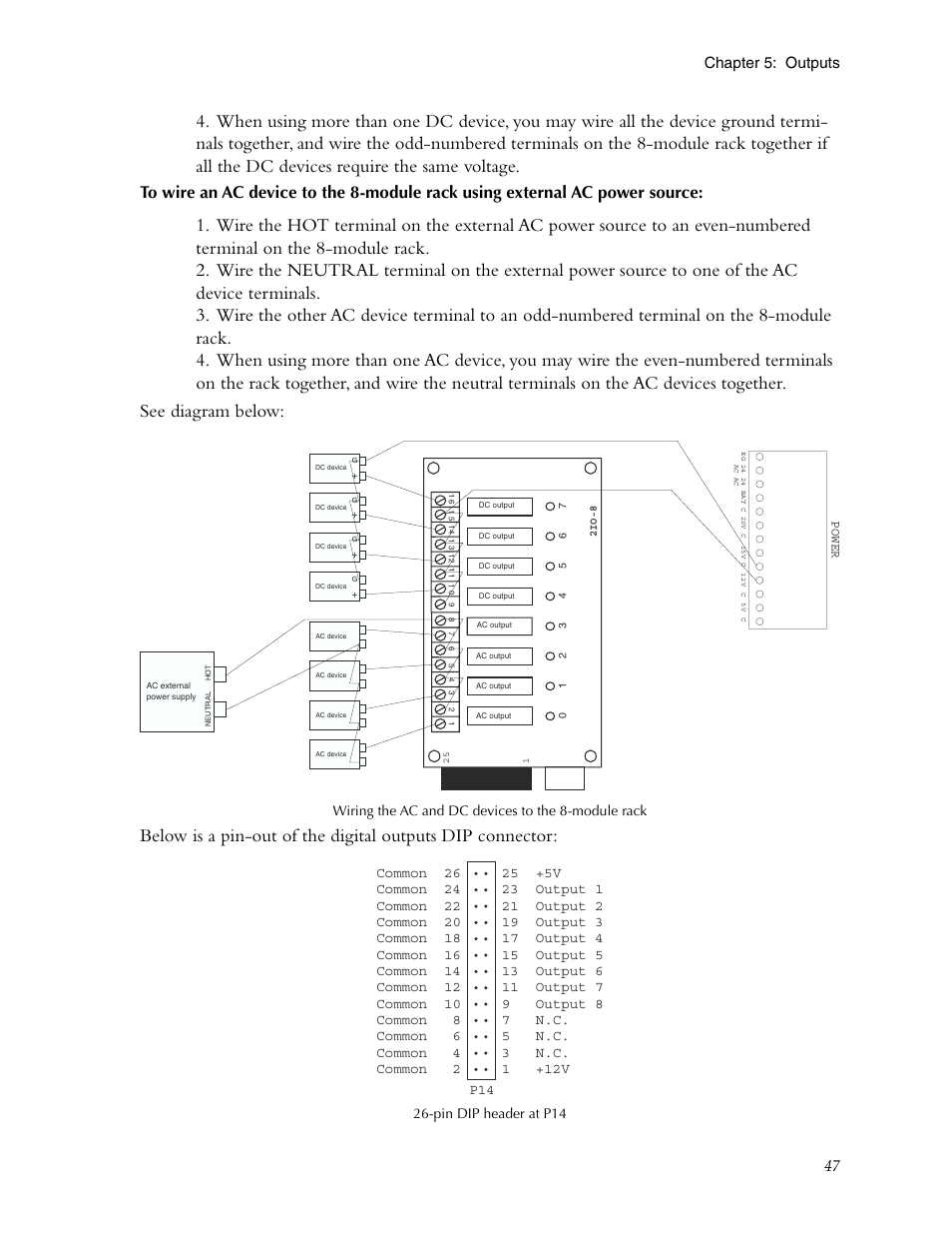 47 chapter 5: outputs, Wiring the ac and dc devices to the 8-module rack | Phonetics Sensaphone ISACC 5000 User Manual | Page 47 / 143