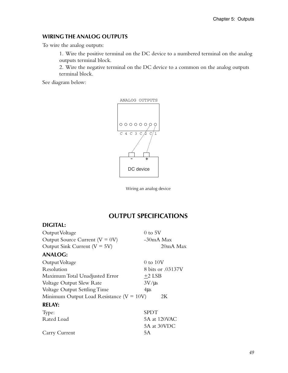 Wiring the analog outputs, Output specifications, Digital | Analog, Relay | Phonetics Sensaphone ISACC 5000 User Manual | Page 49 / 143