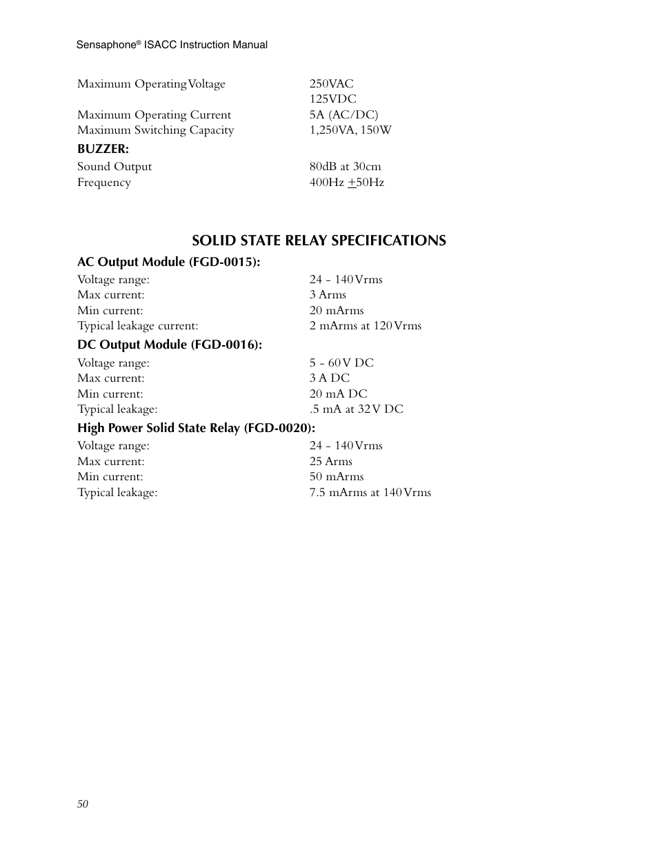 Buzzer, Solid state relay specifications, Ac output module (fgd-0015) | Dc output module (fgd-0016), High power solid state relay (fgd-0020) | Phonetics Sensaphone ISACC 5000 User Manual | Page 50 / 143