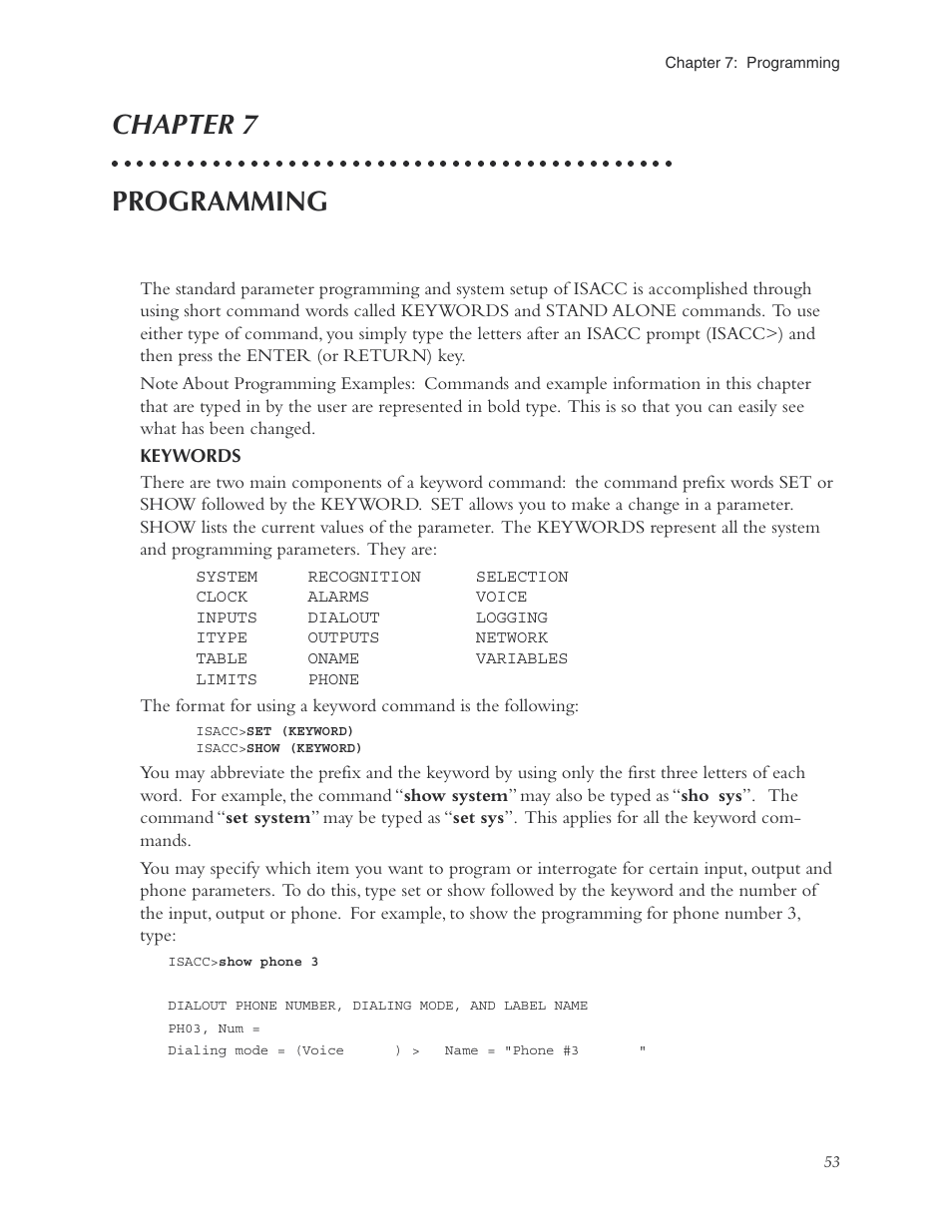 Chapter 7: programming, Keywords, Chapter 7 programming | Phonetics Sensaphone ISACC 5000 User Manual | Page 53 / 143