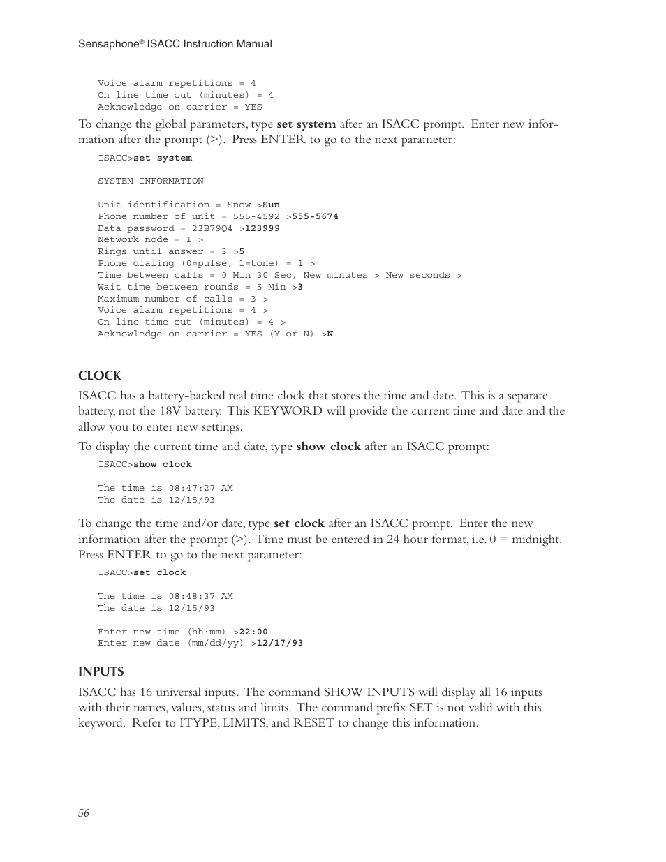 Clock, Inputs, Clock inputs | Phonetics Sensaphone ISACC 5000 User Manual | Page 56 / 143