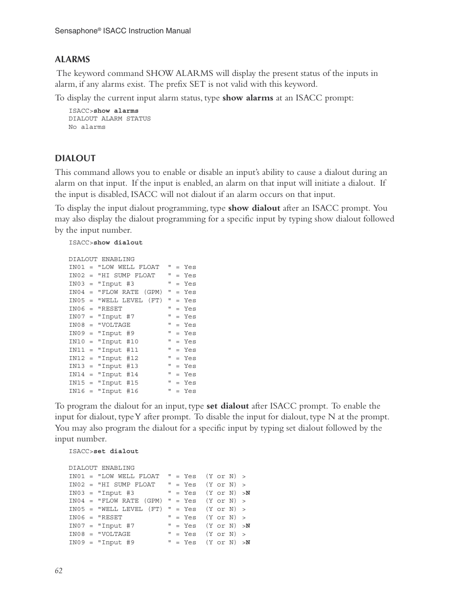Alarms, Dialout, Alarms dialout | Phonetics Sensaphone ISACC 5000 User Manual | Page 62 / 143