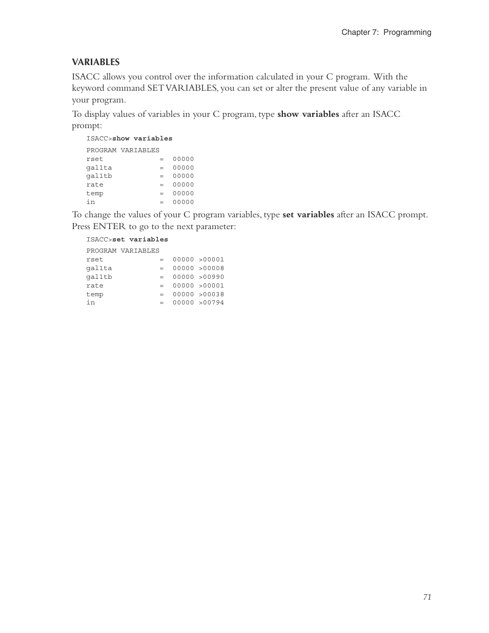 Variables | Phonetics Sensaphone ISACC 5000 User Manual | Page 71 / 143