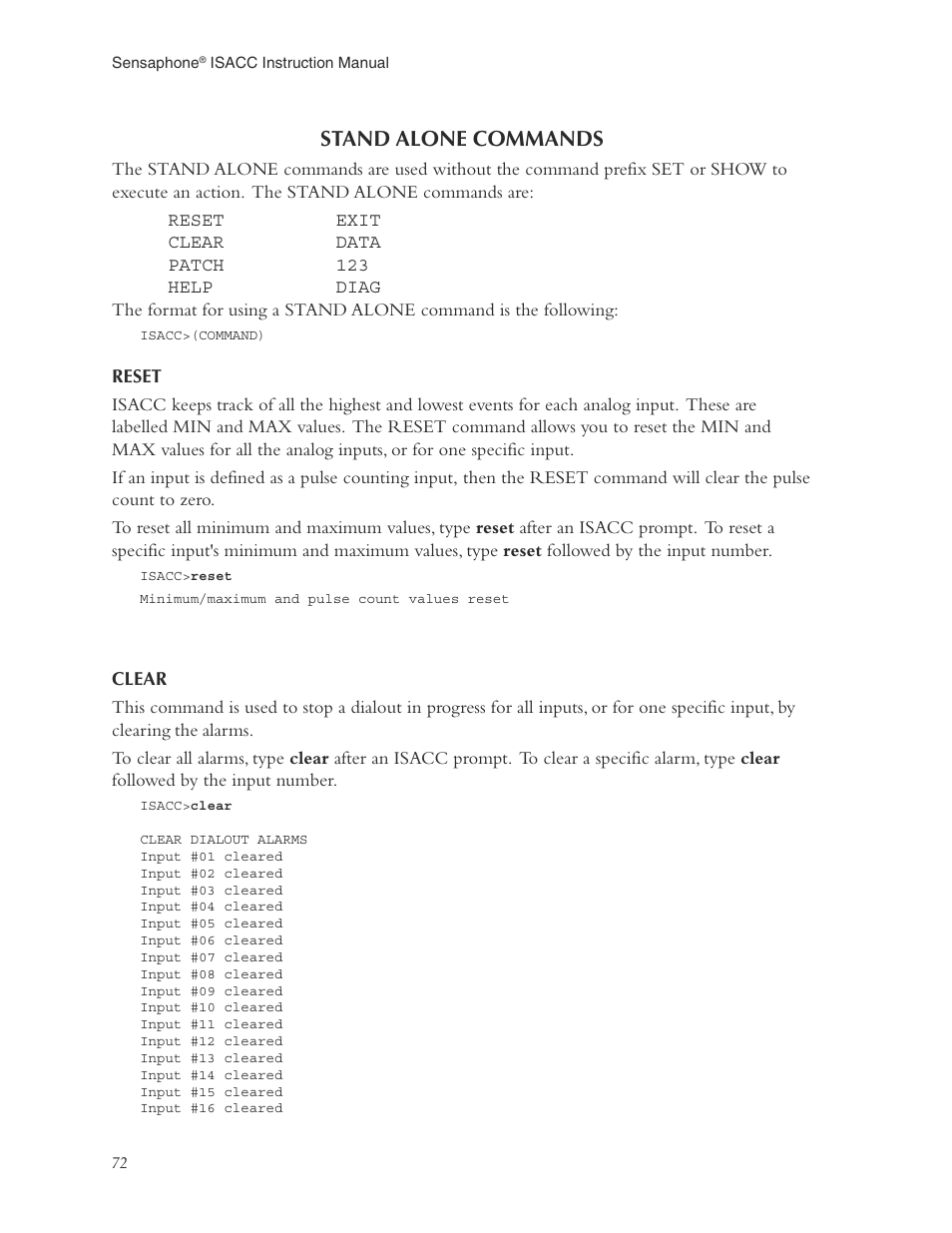 Stand alone commands, Reset, Clear | Stand alone commands reset clear | Phonetics Sensaphone ISACC 5000 User Manual | Page 72 / 143
