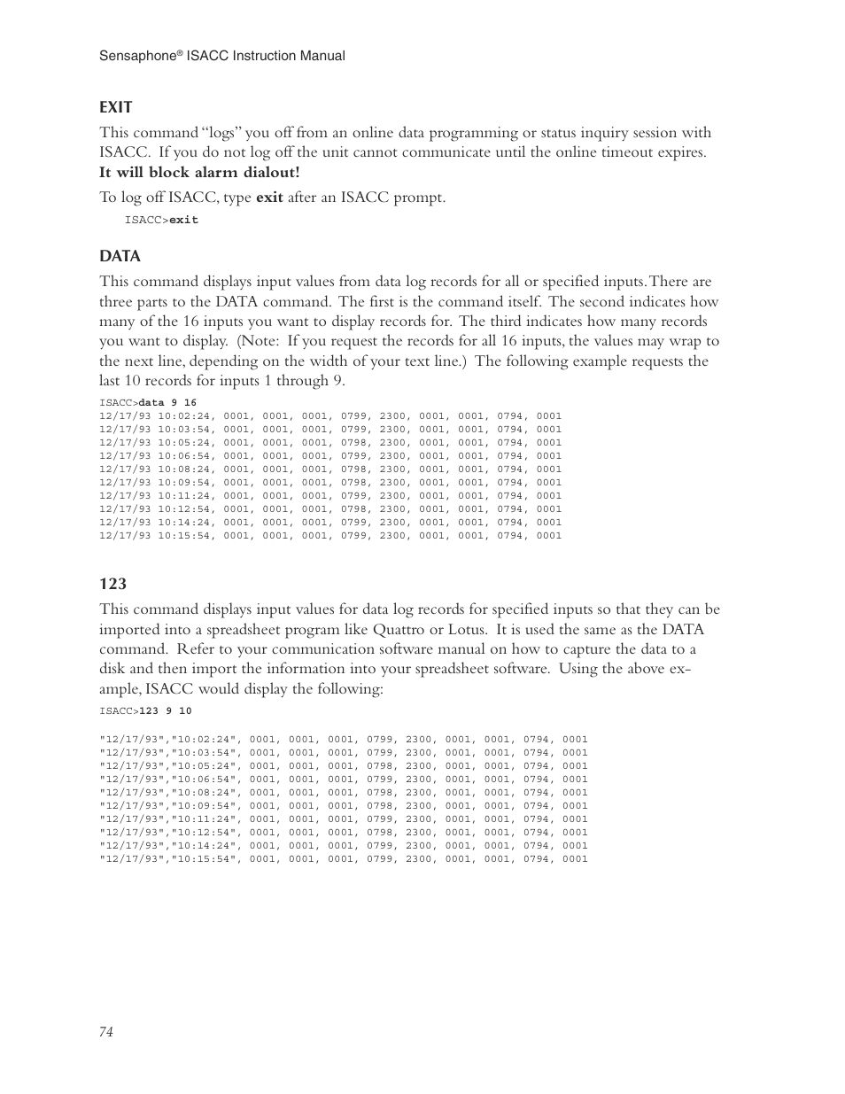 Exit, Data, Exit data 123 | Phonetics Sensaphone ISACC 5000 User Manual | Page 74 / 143