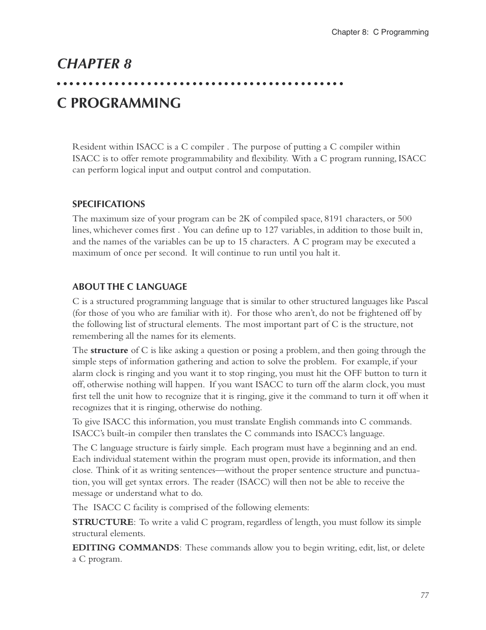 Chapter 8: programming, Specifications, About the c language | Chapter 8: c programming, Specifications about the c language, Chapter 8 c programming | Phonetics Sensaphone ISACC 5000 User Manual | Page 77 / 143