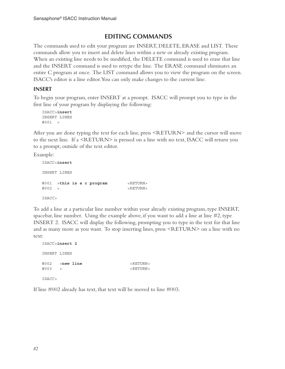 Editing commands, Insert | Phonetics Sensaphone ISACC 5000 User Manual | Page 82 / 143