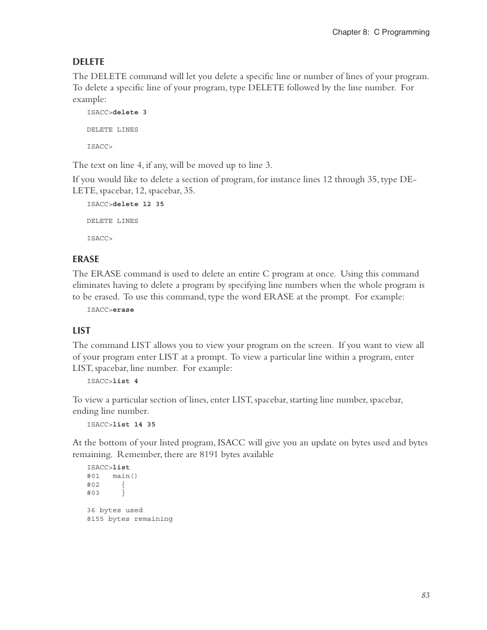 Delete, Erase, List | Delete erase list | Phonetics Sensaphone ISACC 5000 User Manual | Page 83 / 143