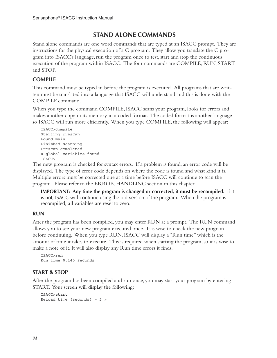 Stand alone commands, Compile, Start & stop | Compile run start & stop | Phonetics Sensaphone ISACC 5000 User Manual | Page 84 / 143