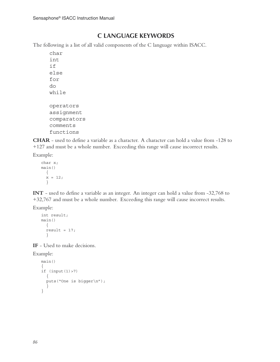 C language keywords | Phonetics Sensaphone ISACC 5000 User Manual | Page 86 / 143