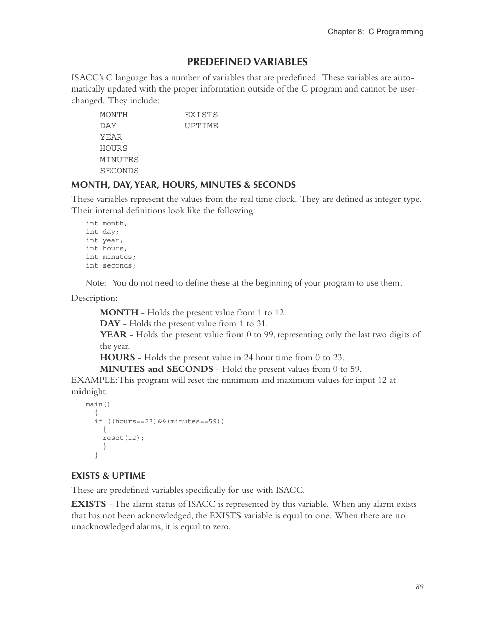 Predefined variables, Month, day, year, hours, minutes & seconds, Exists & uptime | Phonetics Sensaphone ISACC 5000 User Manual | Page 89 / 143