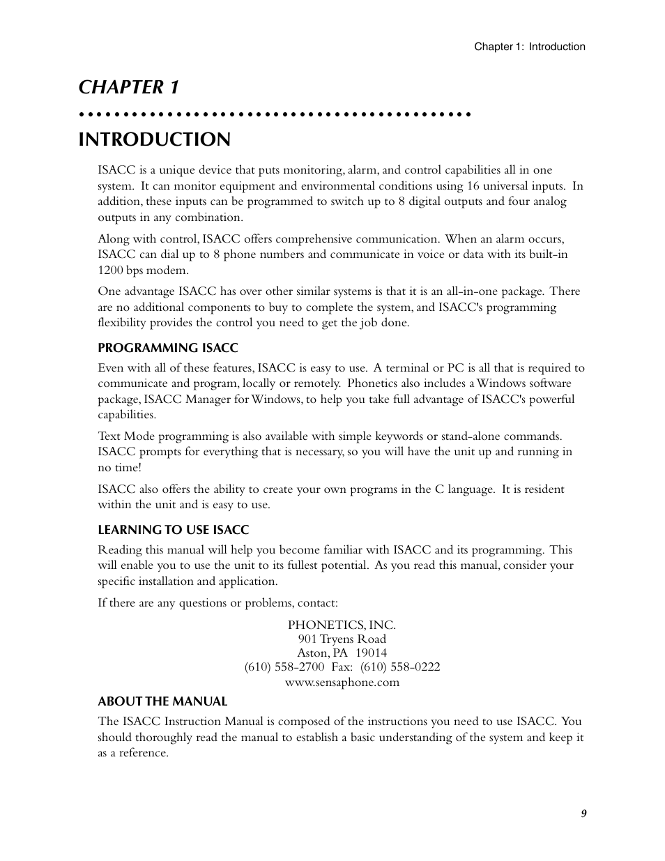 Chapter 1: introduction, Programming isacc, Learning to use isacc | About the manual, Chapter 1 introduction | Phonetics Sensaphone ISACC 5000 User Manual | Page 9 / 143