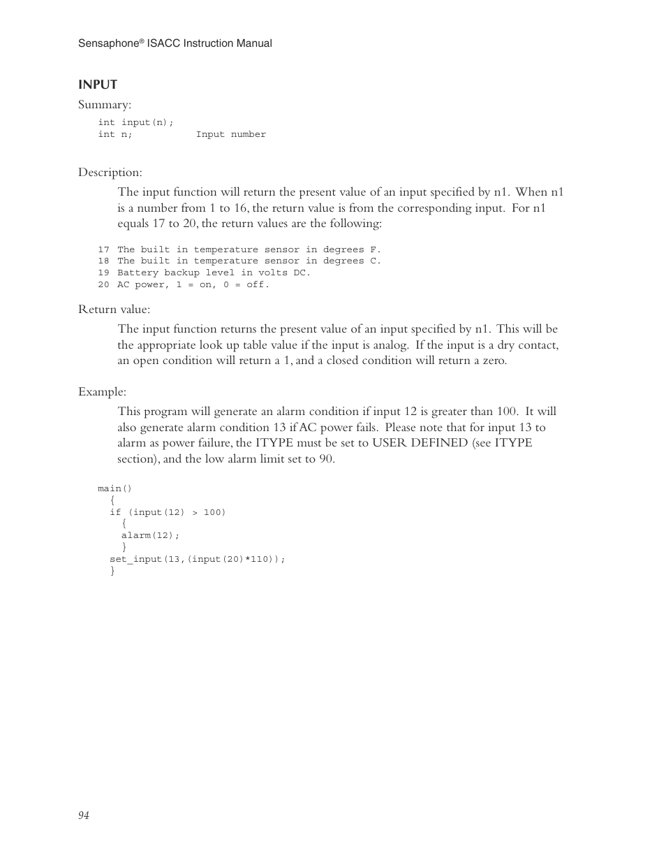 Input | Phonetics Sensaphone ISACC 5000 User Manual | Page 94 / 143