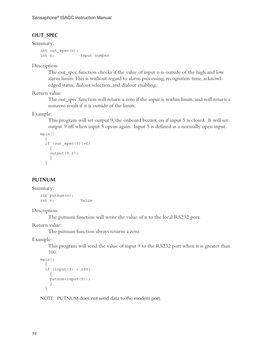 Out_spec, Putnum, Out_spec putnum | Phonetics Sensaphone ISACC 5000 User Manual | Page 98 / 143