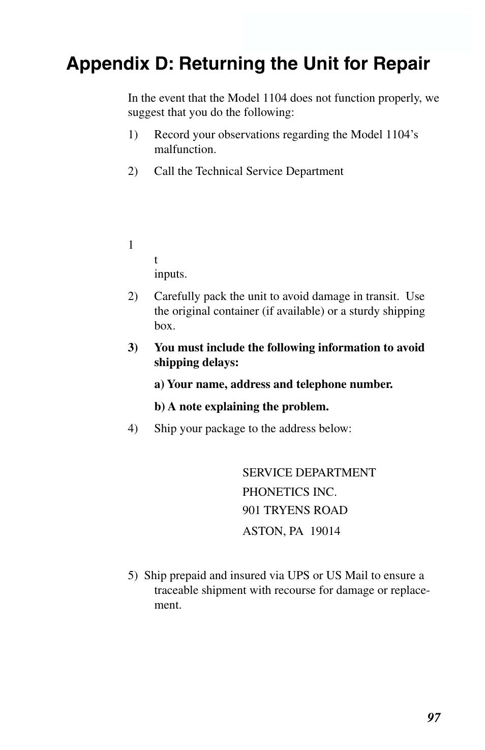 Appendix d: returning unit for repair, Appendix d: returning the unit for repair | Phonetics 1104 User Manual | Page 109 / 110