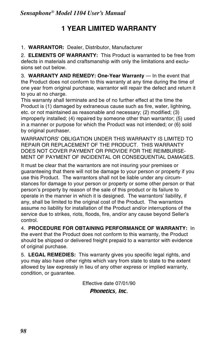 Warranty, 1 year limited warranty, Sensaphone | Phonetics 1104 User Manual | Page 110 / 110