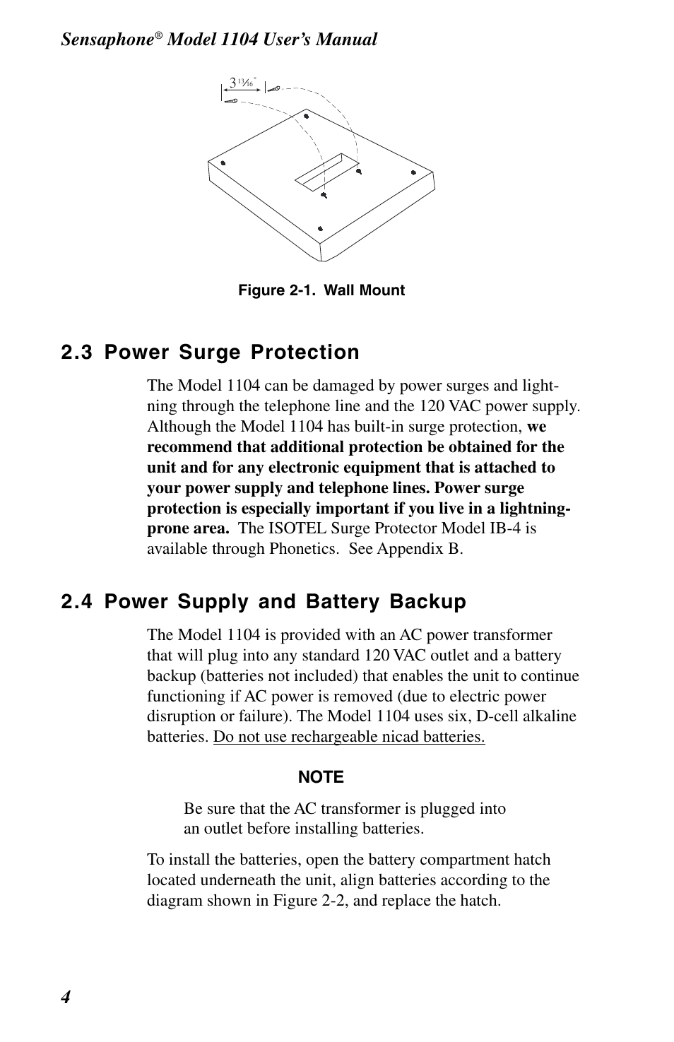 3 power surge protection, 4 power supply and battery backup, Sensaphone | Phonetics 1104 User Manual | Page 16 / 110
