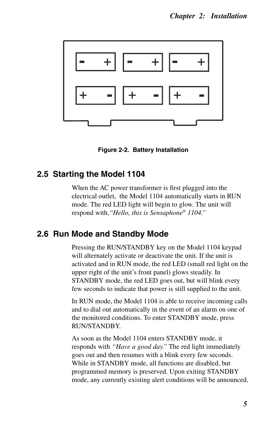 5 starting the model 1104, 6 run mode and standby mode | Phonetics 1104 User Manual | Page 17 / 110