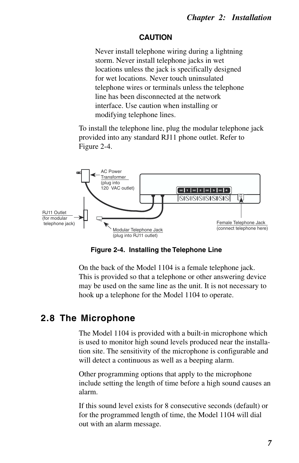 8 the microphone, Chapter 2: installation 7, Figure 2-4. installing the telephone line | Phonetics 1104 User Manual | Page 19 / 110