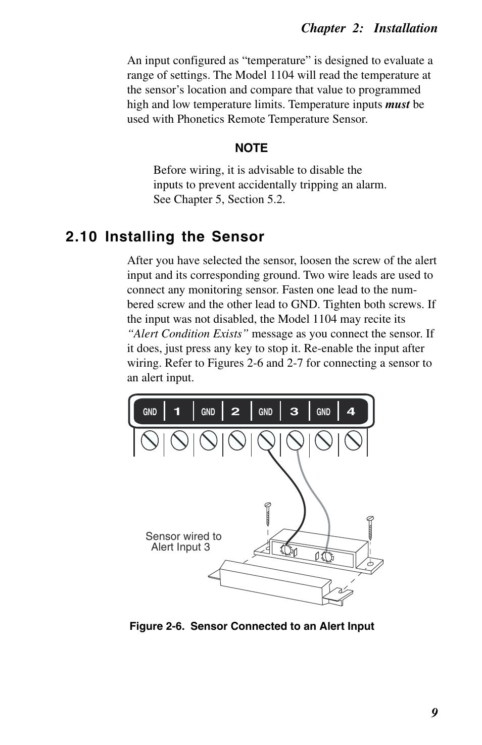 10 installing the sensor, Chapter 2: installation 9 | Phonetics 1104 User Manual | Page 21 / 110