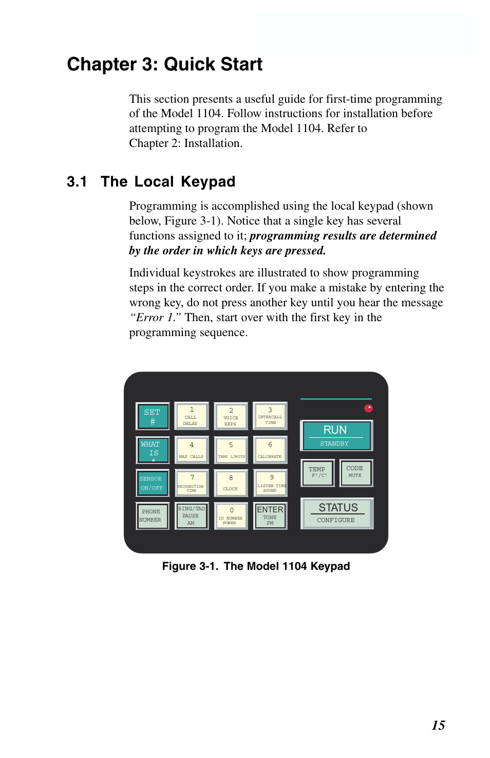 Chapter 3: quick start, 1 the local keypad, Chapter 3: quick start 15 | Status | Phonetics 1104 User Manual | Page 27 / 110
