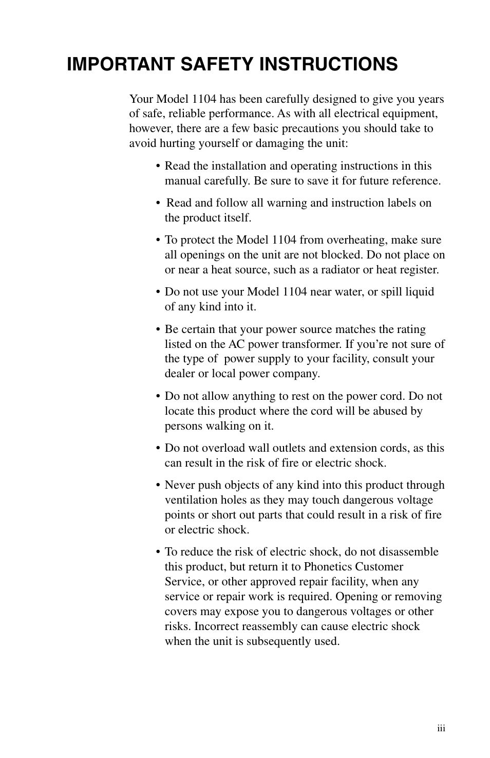 Important safety instructions | Phonetics 1104 User Manual | Page 3 / 110