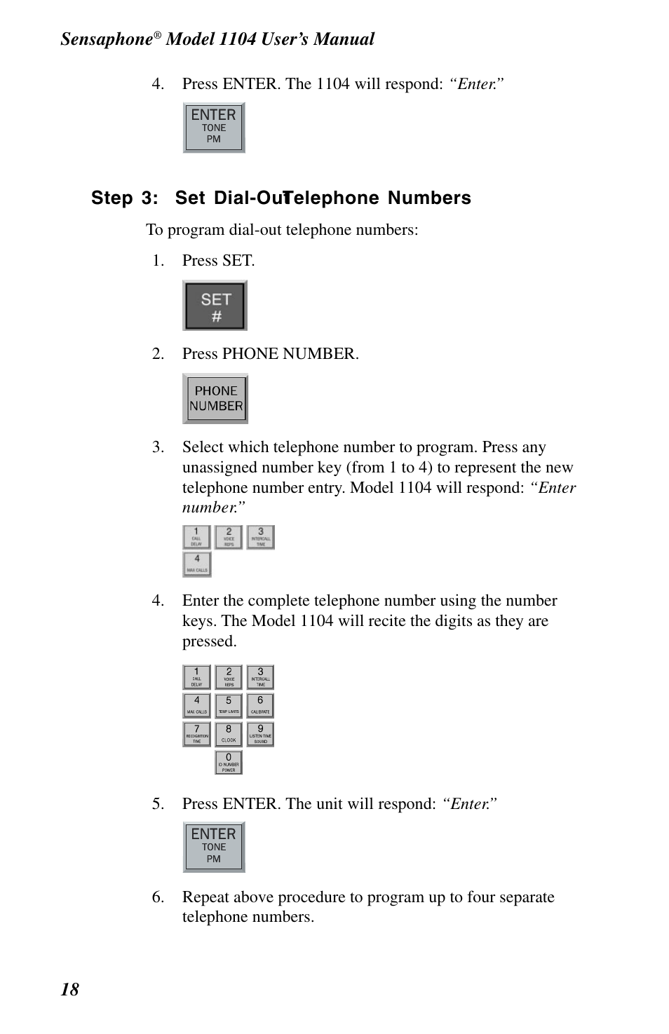 Step 3: set dial-out telephone numbers, Sensaphone | Phonetics 1104 User Manual | Page 30 / 110