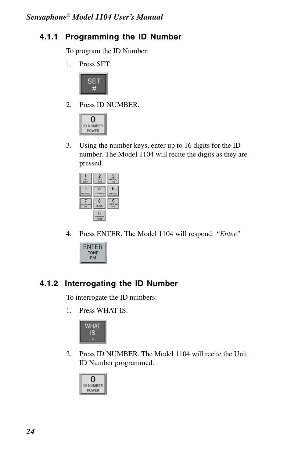 1 programming the id number, 2 interrogating the id number, Sensaphone | Phonetics 1104 User Manual | Page 36 / 110
