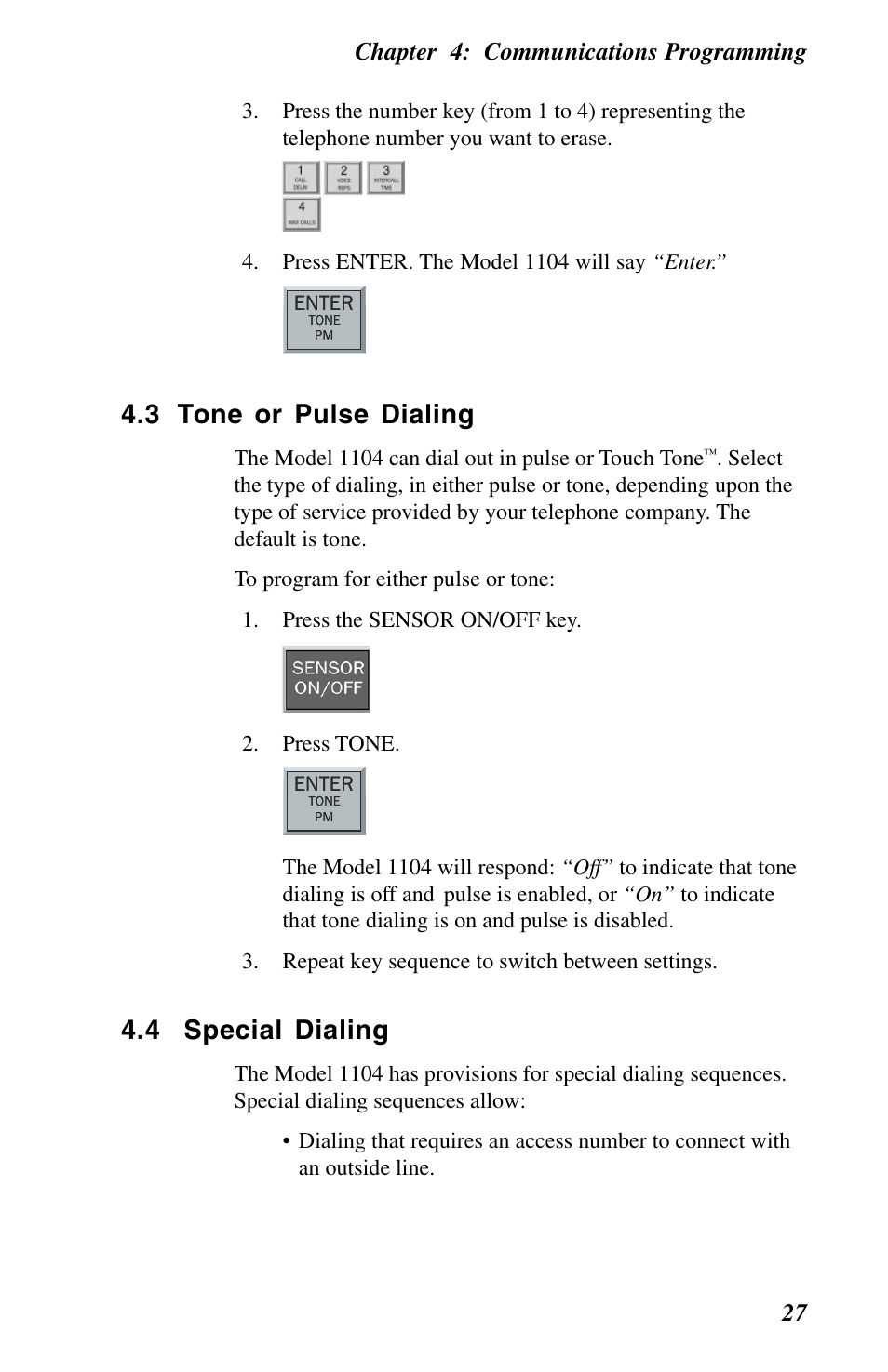 3 tone or pulse dialing, 4 special dialing, Chapter 4: communications programming 27 | Phonetics 1104 User Manual | Page 39 / 110
