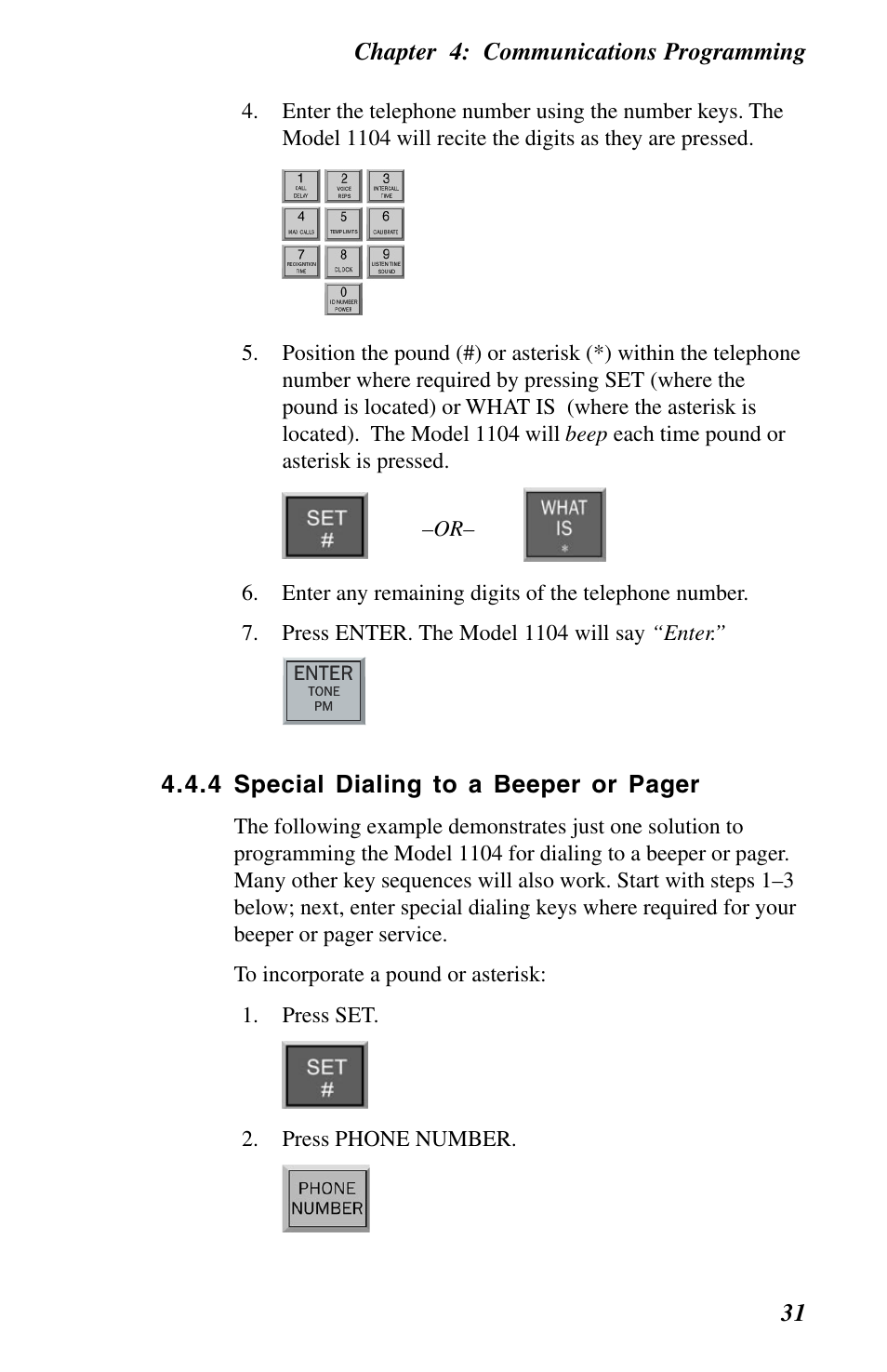 Chapter 4: communications programming 31, 4 special dialing to a beeper or pager | Phonetics 1104 User Manual | Page 43 / 110