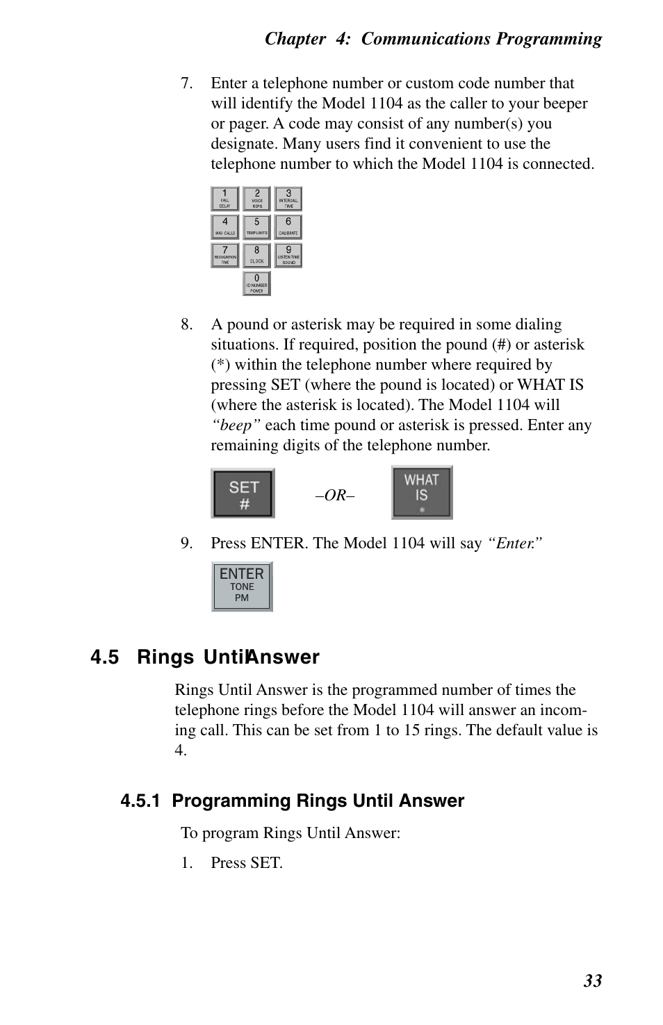 5 rings until answer, 1 programming rings until answer | Phonetics 1104 User Manual | Page 45 / 110